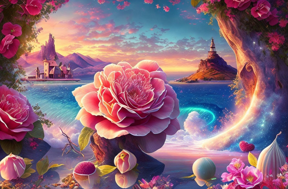 Fantasy landscape with giant rose, celestial objects, colorful flora, and distant castle