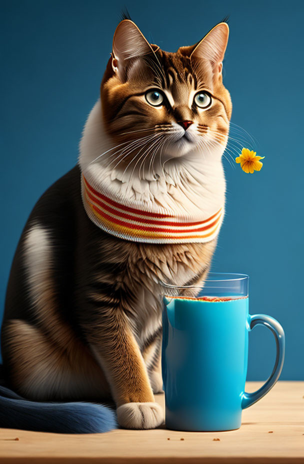 Tabby cat with scarf by blue mug on wooden table gazes at yellow flower