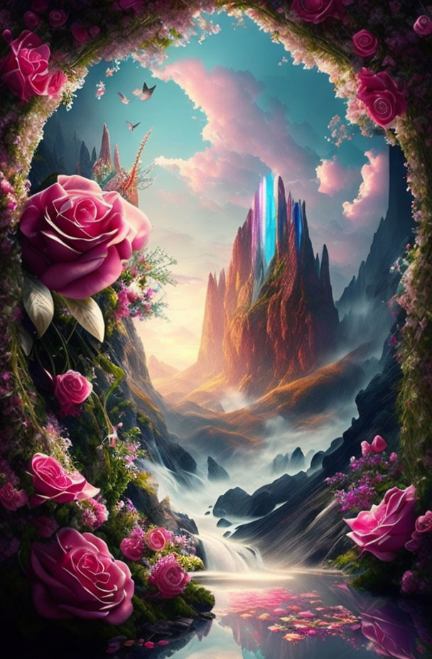 Surreal landscape with pink roses, mystical mountain, waterfalls, and river under twilight sky