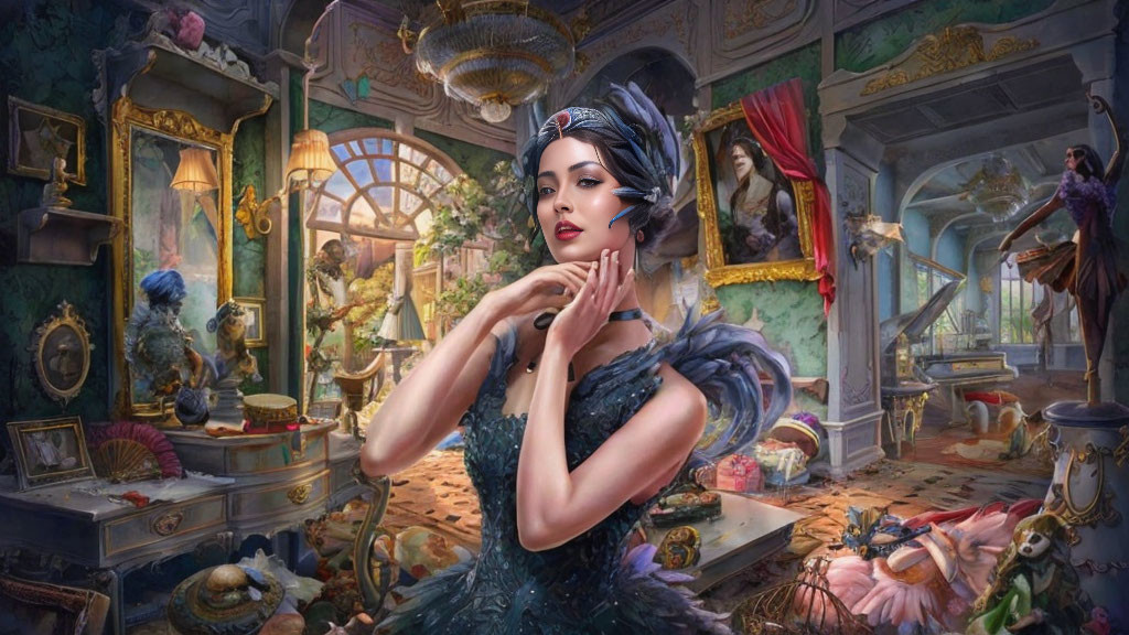 Feathered headpiece woman in black dress in ornate room