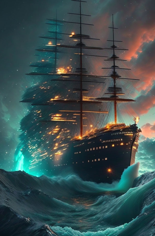 Tall Ship Battles Neon-Lit Waves in Fiery Sky