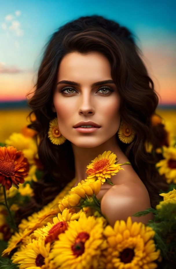 Woman with blue eyes and dark hair in sunset setting among vibrant flowers