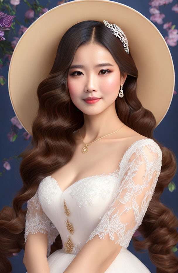 Woman in white off-shoulder gown with wavy hair, hat, and jewelry against floral backdrop