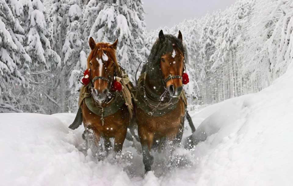 Two horses with bells and harnesses trot in snowy winter forest.