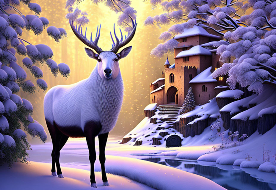 White stag in snow-covered landscape with castle at twilight