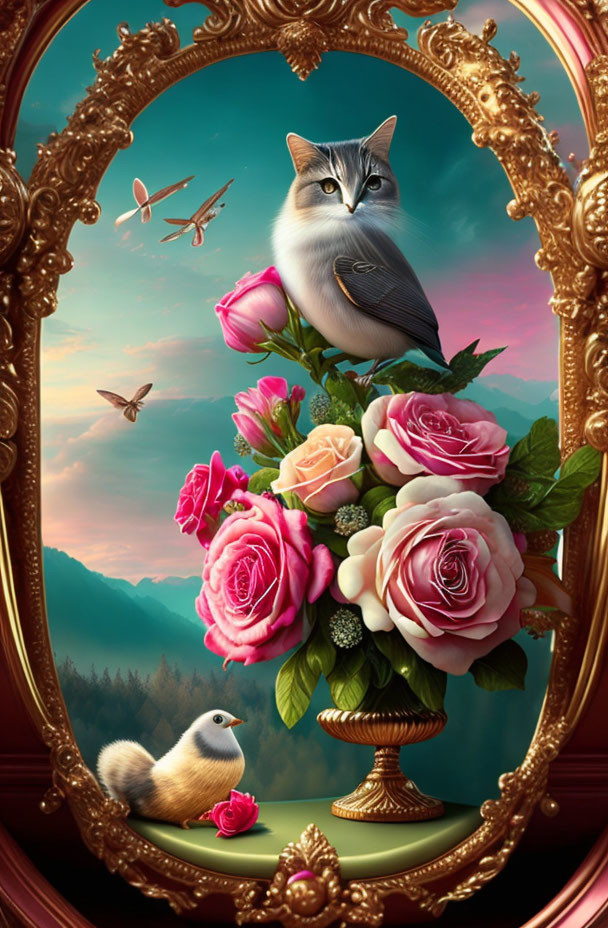 Surreal cat-bird hybrid on roses with golden frame, bird and dragonflies in mountain scenery