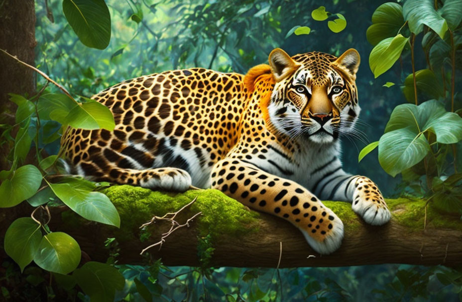 Majestic jaguar resting on lush forest tree branch