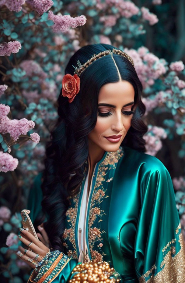 Dark-haired woman in teal and gold traditional dress with purse, surrounded by pink blossoms