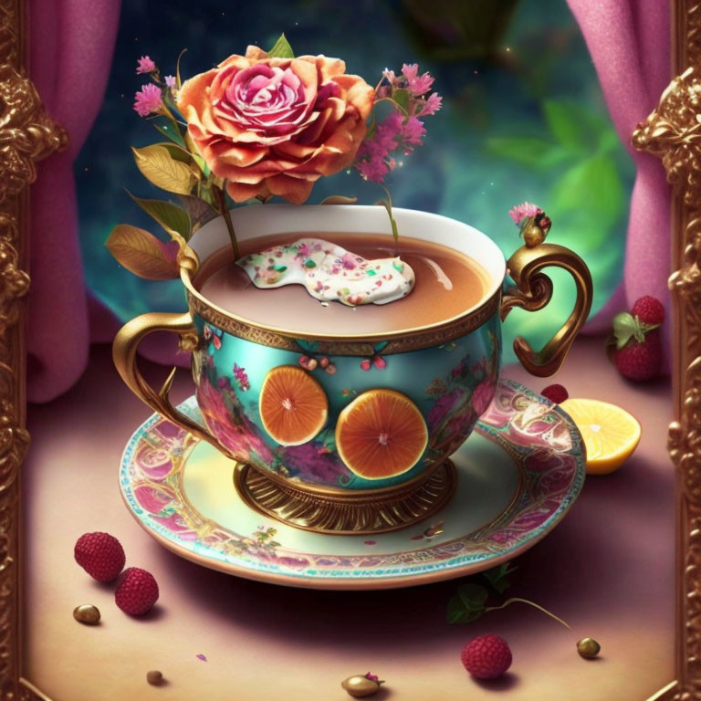 Decorative teacup with rose, cookie, citrus, and berries in whimsical image