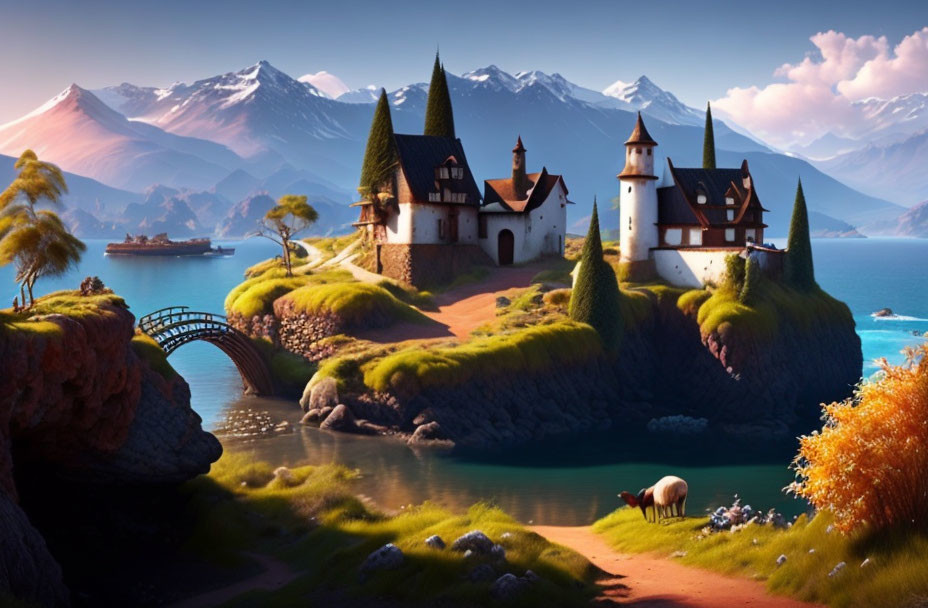 Fantasy landscape with castle, bridge, ship, mountains, and grazing sheep