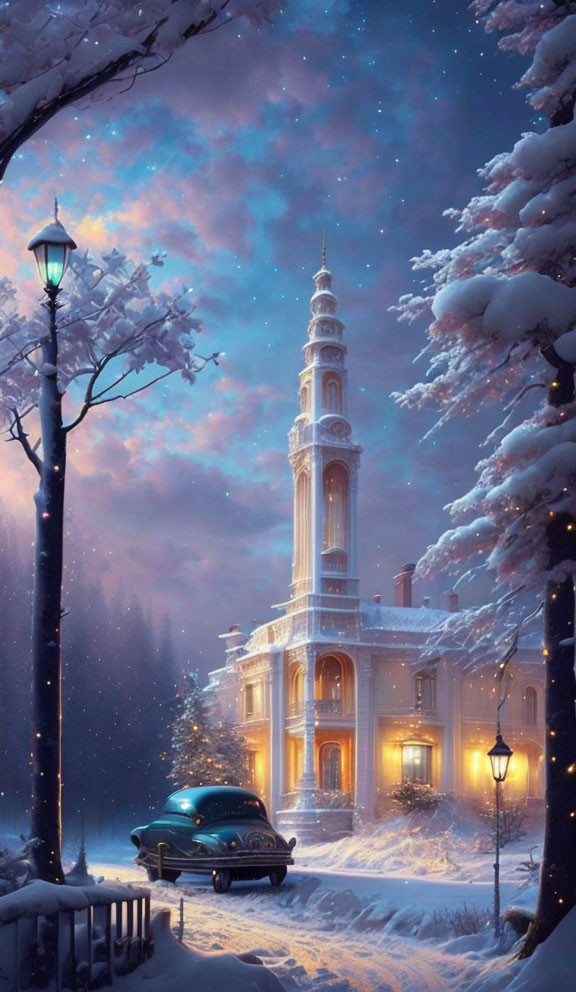 Elegant building with towering spire in snowy evening scene