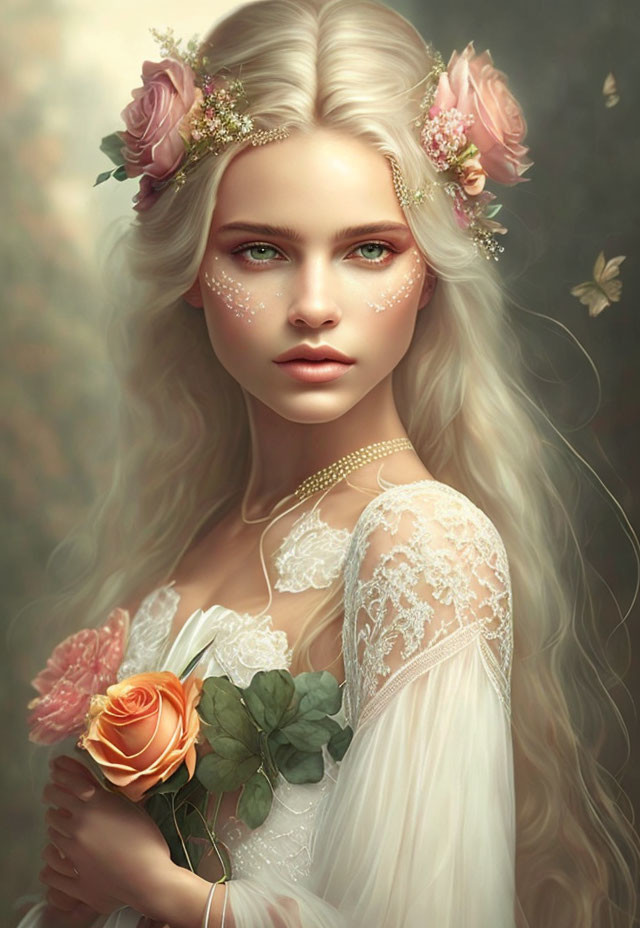 Digital artwork: Woman with white hair, green eyes, floral crown, holding a rose