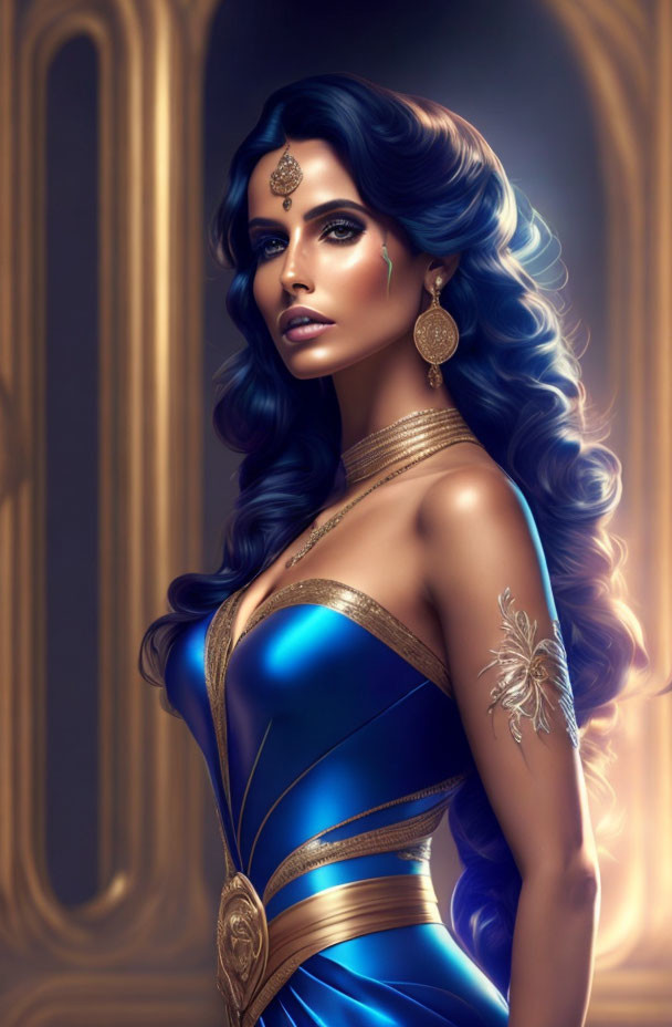 Illustrated woman with vibrant blue hair and dress adorned with gold accents poses elegantly.