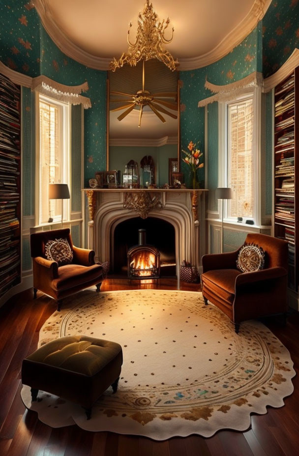 Vintage Room with Turquoise Walls, Star Wallpaper, Fireplace, Gold Accents, Armchairs &