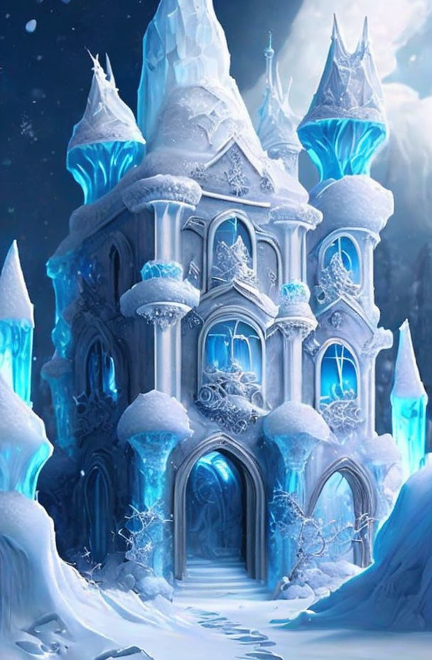 Fantastical ice castle with glowing blue windows and snow-covered spires