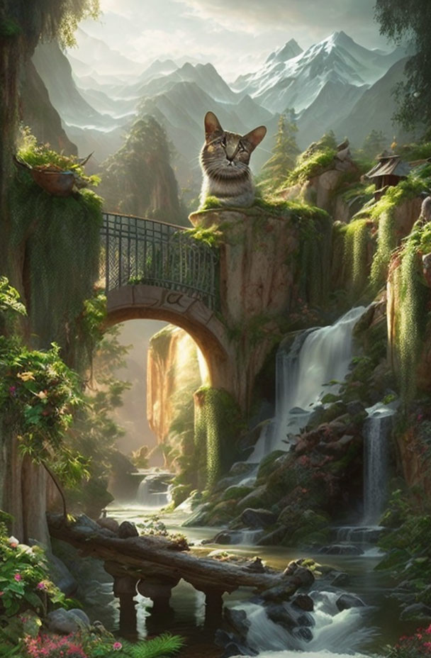 Lush greenery, waterfalls, giant cat, bridge, mountain in whimsical landscape