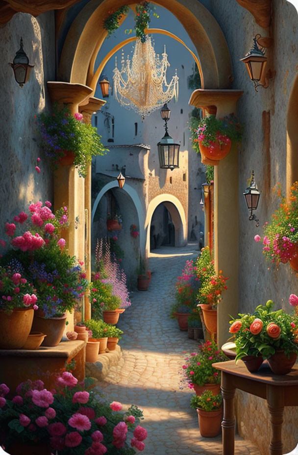 Colorful alley with flowers leads to castle under blue sky with chandelier & lanterns