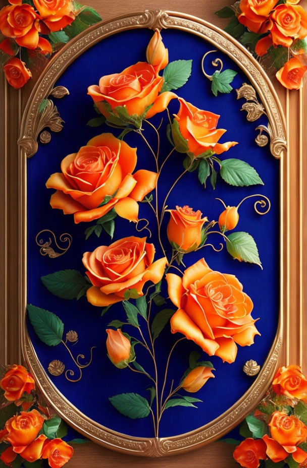 Orange Roses and Green Leaves on Cobalt Blue Background with Golden Oval Frame