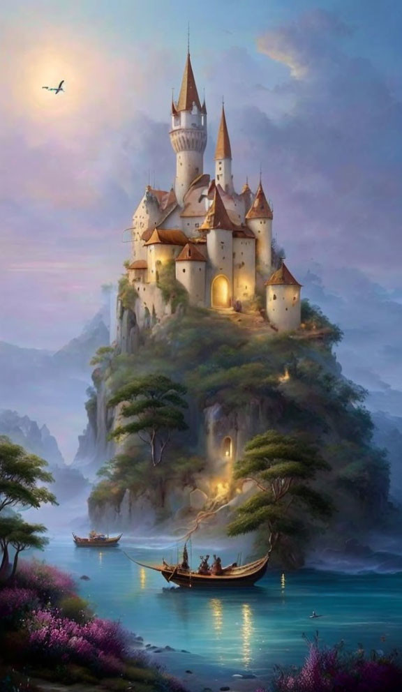 Majestic cliff-top castle overlooking river and lush greenery