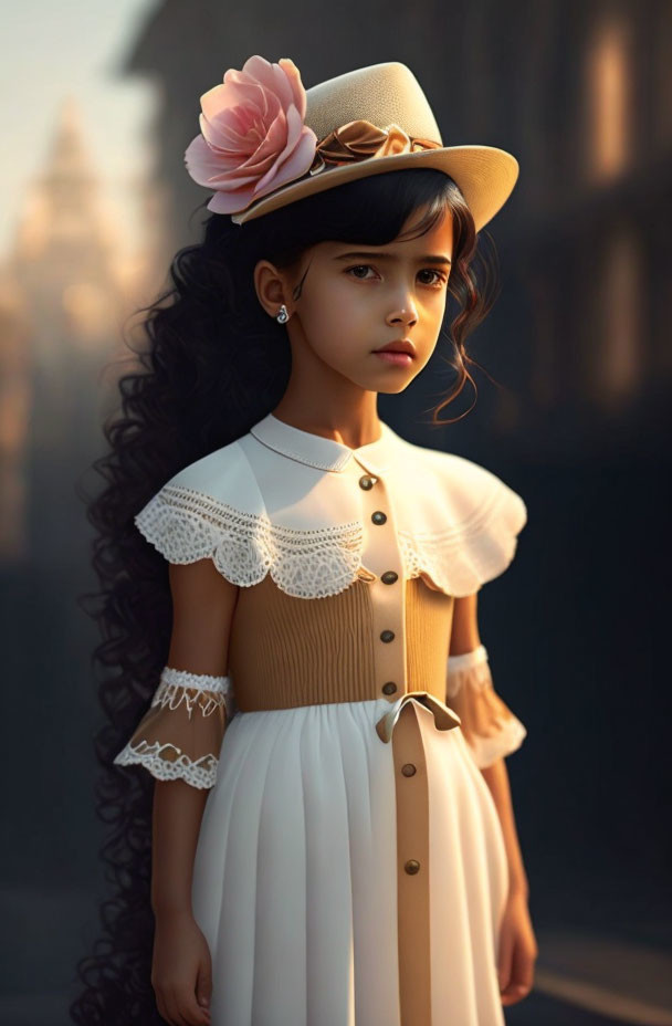 Young girl in vintage dress and straw hat with flower, looking sideways.