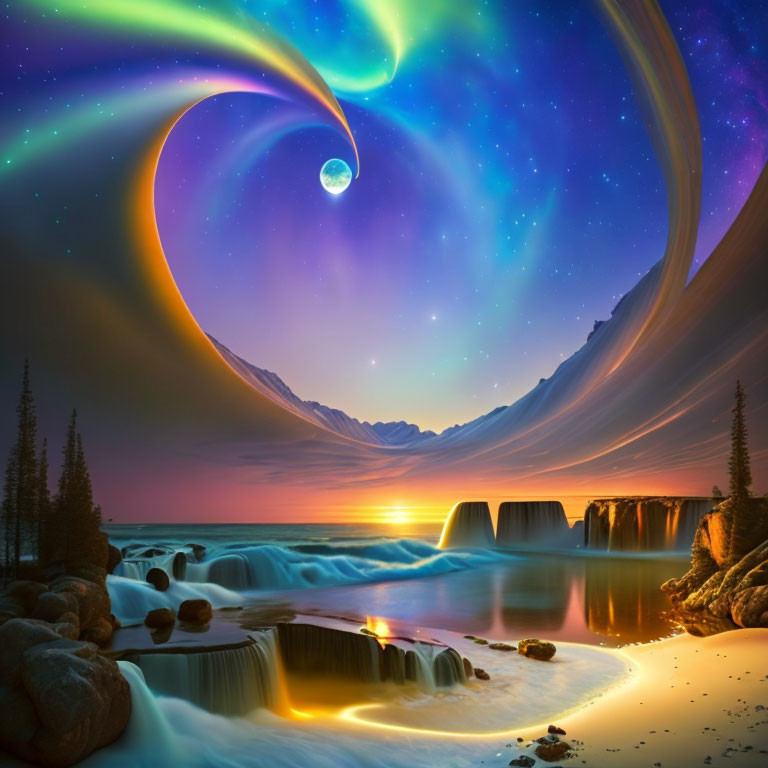 Surreal landscape with vibrant auroras, glowing waterfall, oversized moon, and tranquil river at twilight