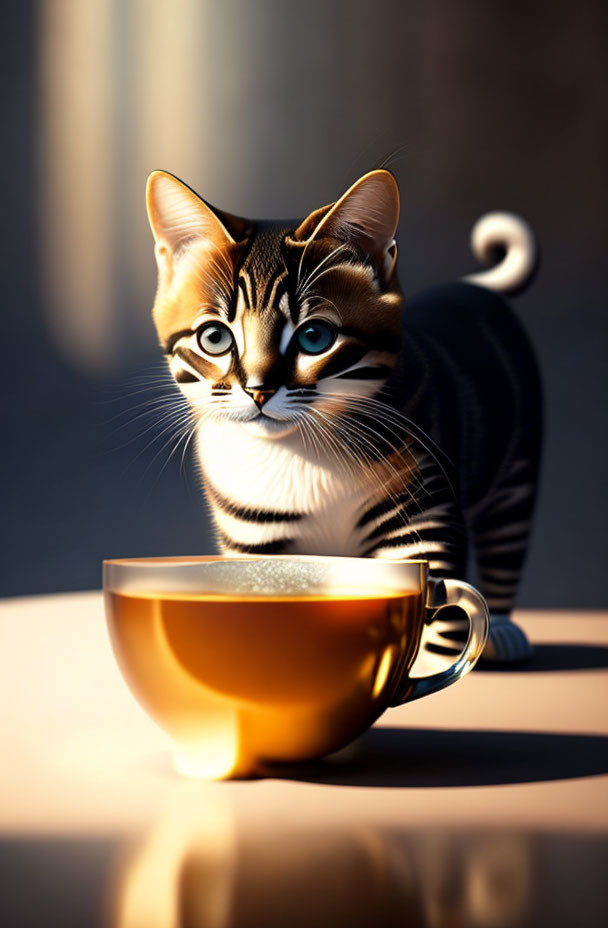 Striped cat blending with sunlight behind translucent tea cup