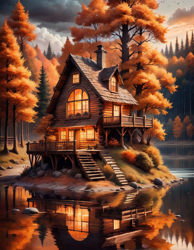 Two-story wooden cabin by calm lake in autumn setting with warm glowing lights