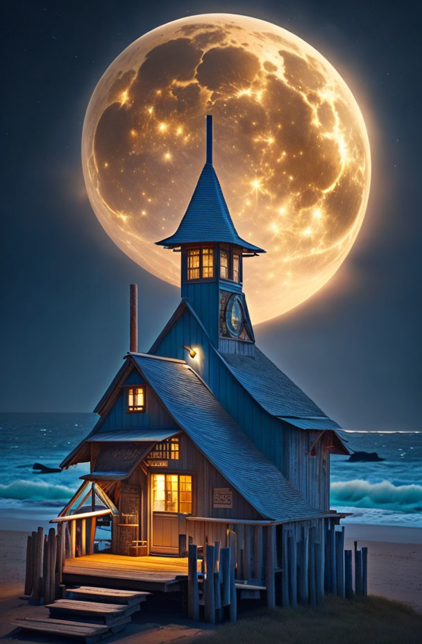 Blue wooden house with clock tower on beach under full moon