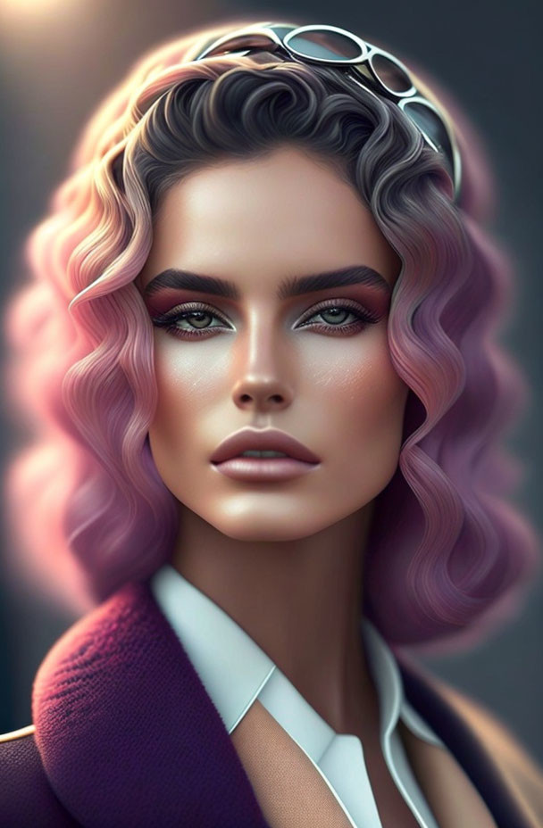 Woman's digital portrait with wavy purple hair and striking features