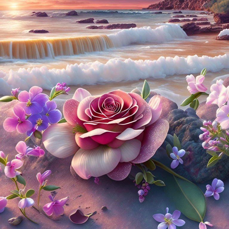 Colorful Flowers Surround Central Rose on Surreal Beachscape