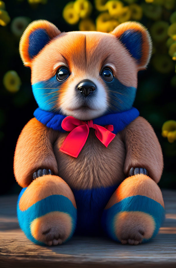 Colorful 3D illustration of cute anthropomorphic animal with blue and orange fur, big eyes,