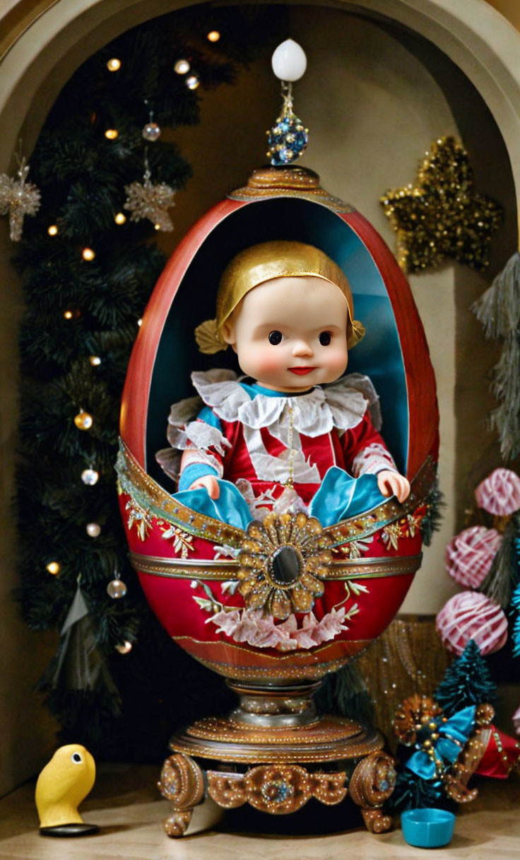 Vintage Doll in Ornate Egg Container with Jewels and Festive Decorations