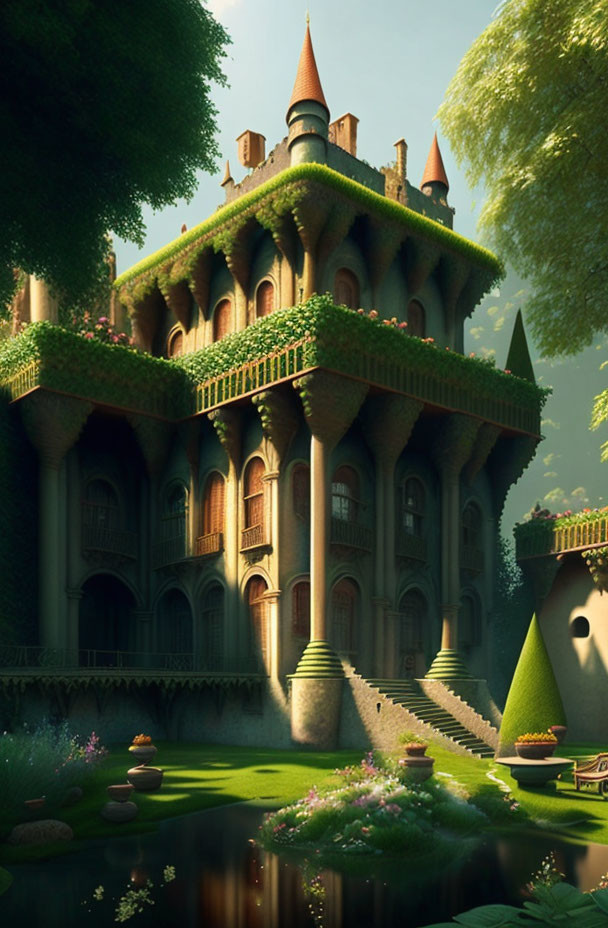 Majestic castle-like structure with ivy-covered spires, vibrant garden, and tranquil pond