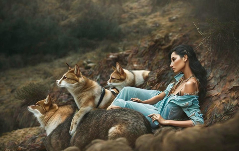 Woman in Blue Dress Relaxing with Three Dogs Outdoors