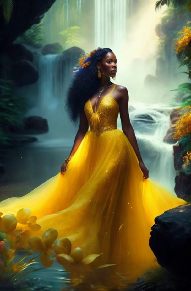 Woman in Yellow Dress by Serene Waterfall and Lush Greenery