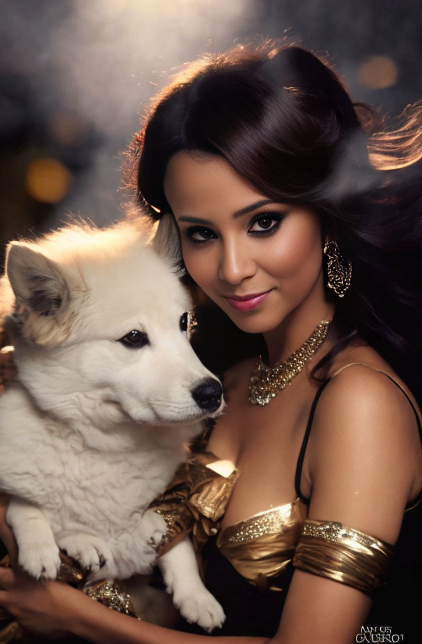 Dark-Haired Woman with Fluffy Dog and Gold Jewelry in Softly Illuminated Setting