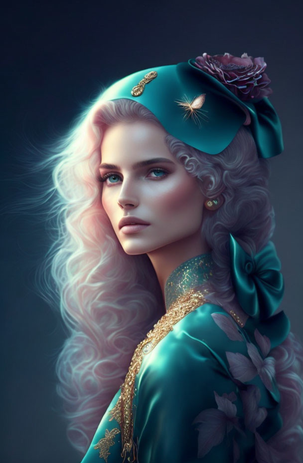 Illustrated portrait of woman with voluminous curly hair and teal hat with rose and gold trim.