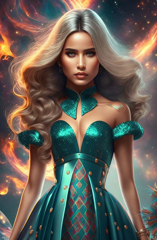 Digital artwork: Woman with long wavy hair in teal dress against cosmic backdrop