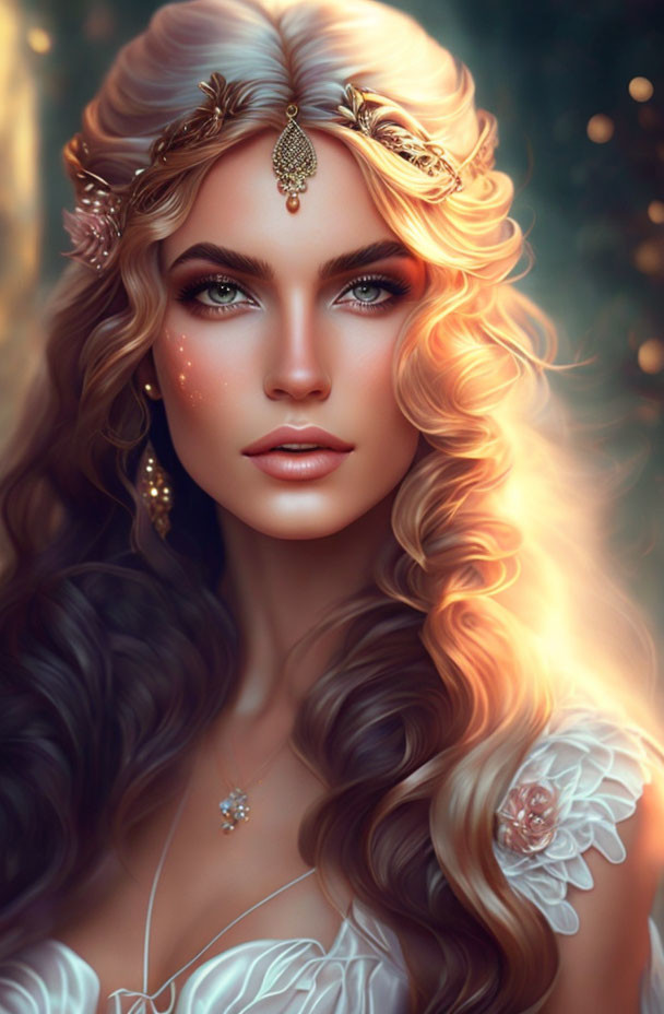 Fantasy woman portrait with long blonde hair and golden headpiece