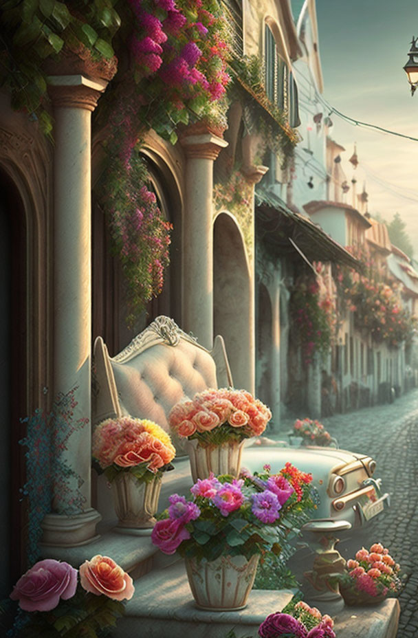 Charming street scene with blooming flowers, vintage car, and elegant seating by old building