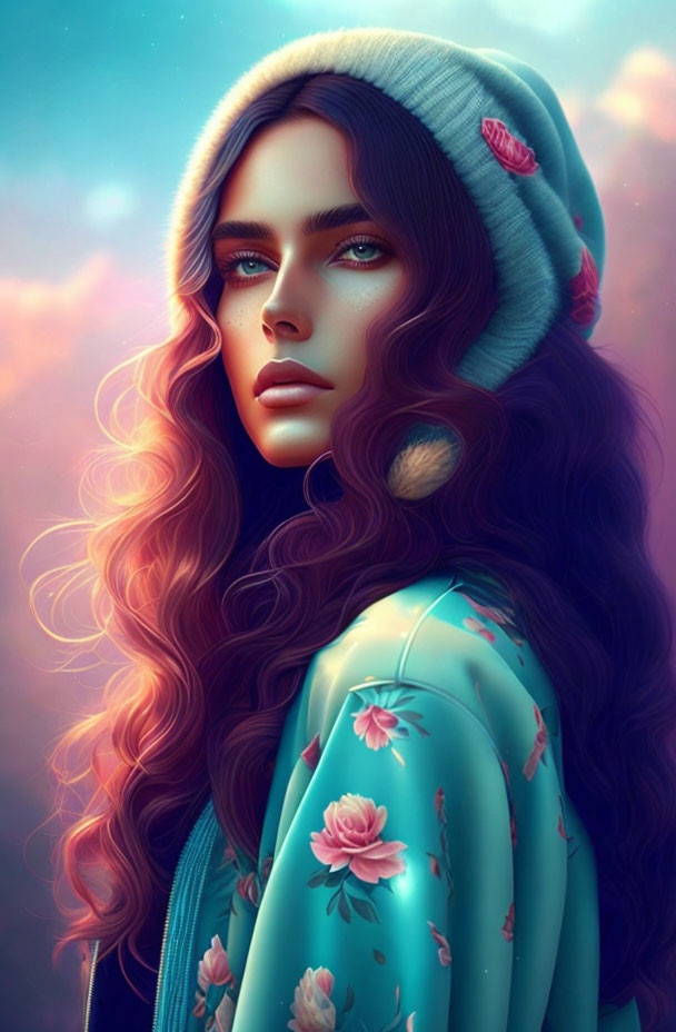 Digital illustration: Woman with dark hair, blue eyes, beanie, floral jacket on sky-blue background