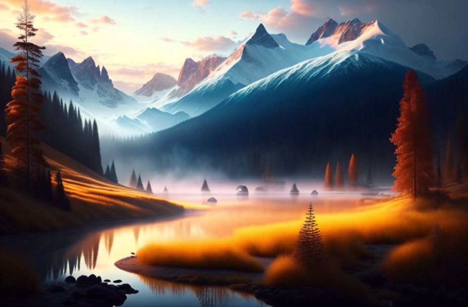 Tranquil sunset landscape with misty river, orange foliage, pine trees, and snowy mountains