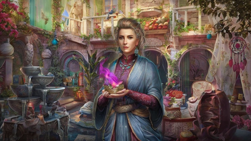 Woman in ornate traditional attire with glowing purple flame in enchanted garden.