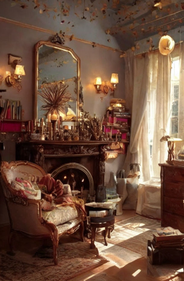 Vintage Room with Mirror, Fireplace, Armchair, Books & Decor Items