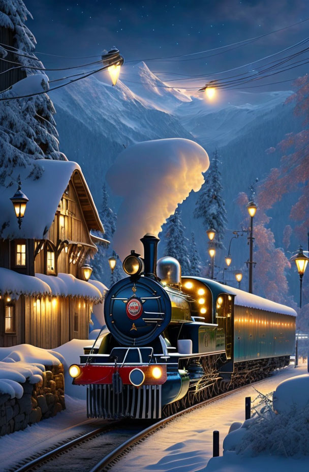 Vintage train chugs through snowy mountain landscape at night