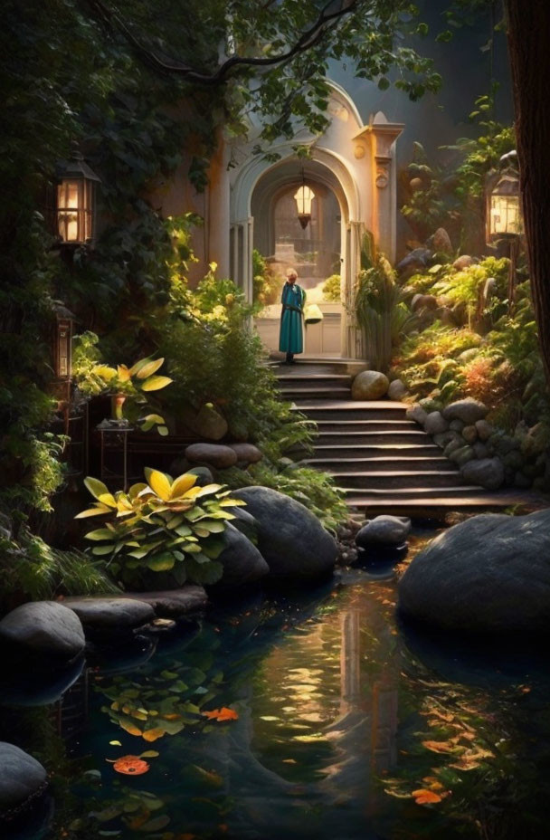 Tranquil garden with lush greenery, person by arched doorway, serene pond with lily