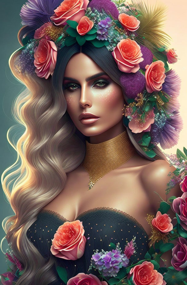 Illustrated woman with floral crown and dark dress featuring glittery neckline.