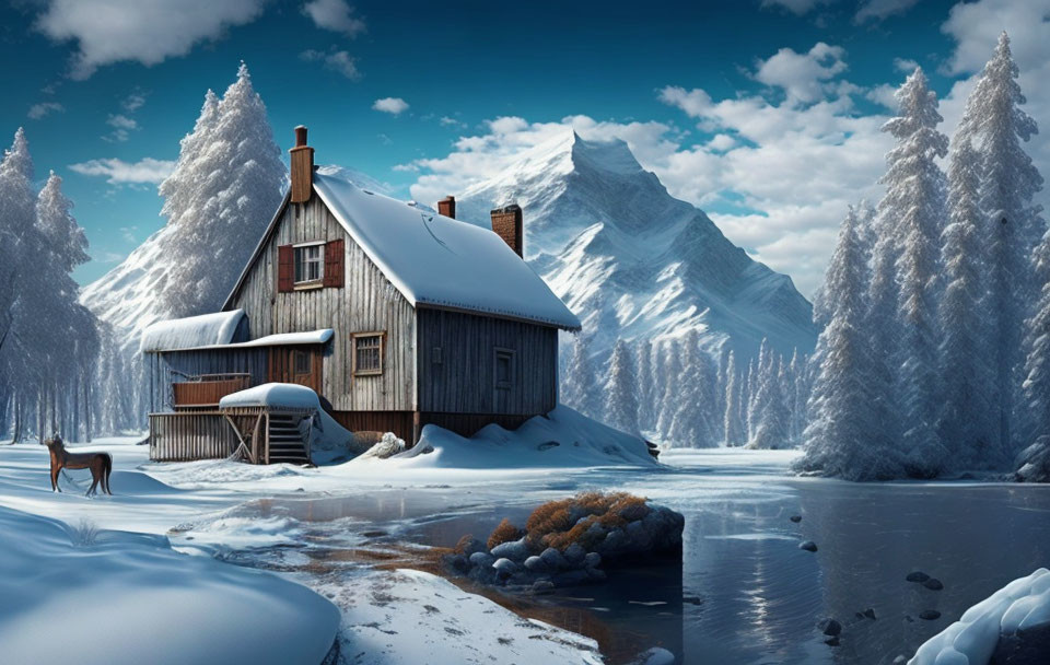 Snowy winter scene: wooden house, frozen river, snow-covered trees, clear sky, mountains