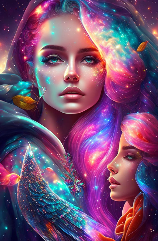 Cosmic-themed digital artwork of two women with vibrant purple and blue hair, surrounded by stars and a