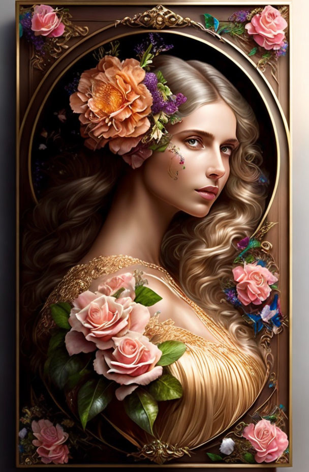 Detailed illustration of woman with flowing hair and vibrant flower adornments.